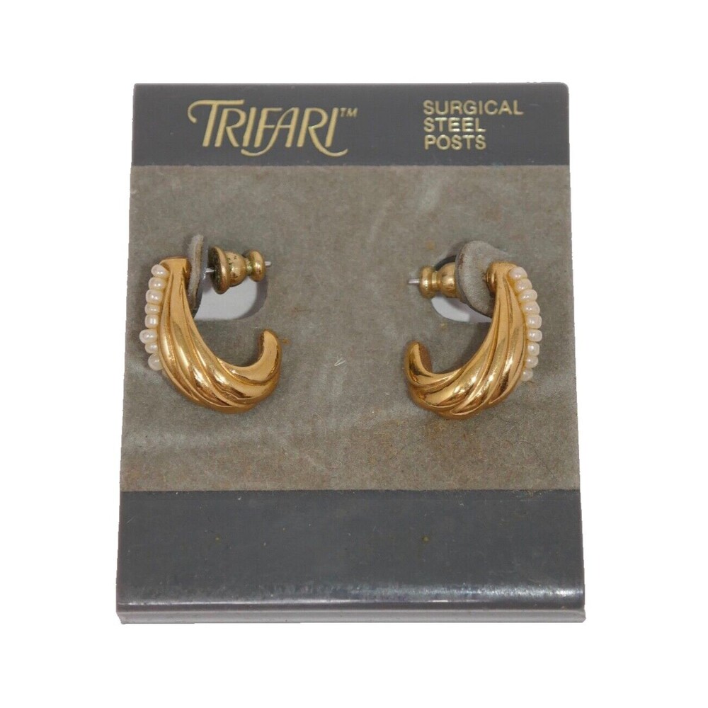 Trifari Gold Tone Faux Pearl Earrings